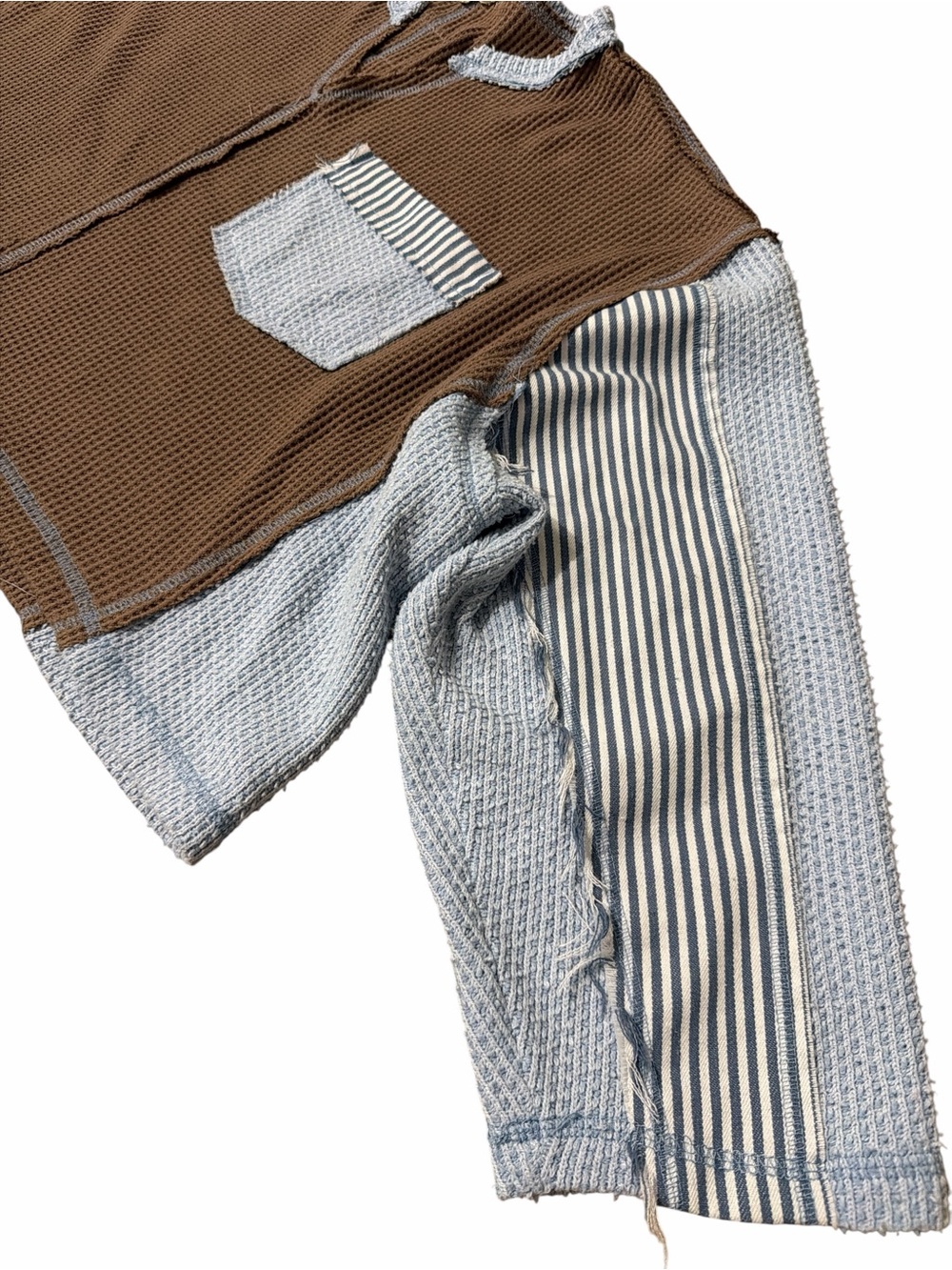 POL Cropped Brown and Light Blue Patchwork Knit Shirt